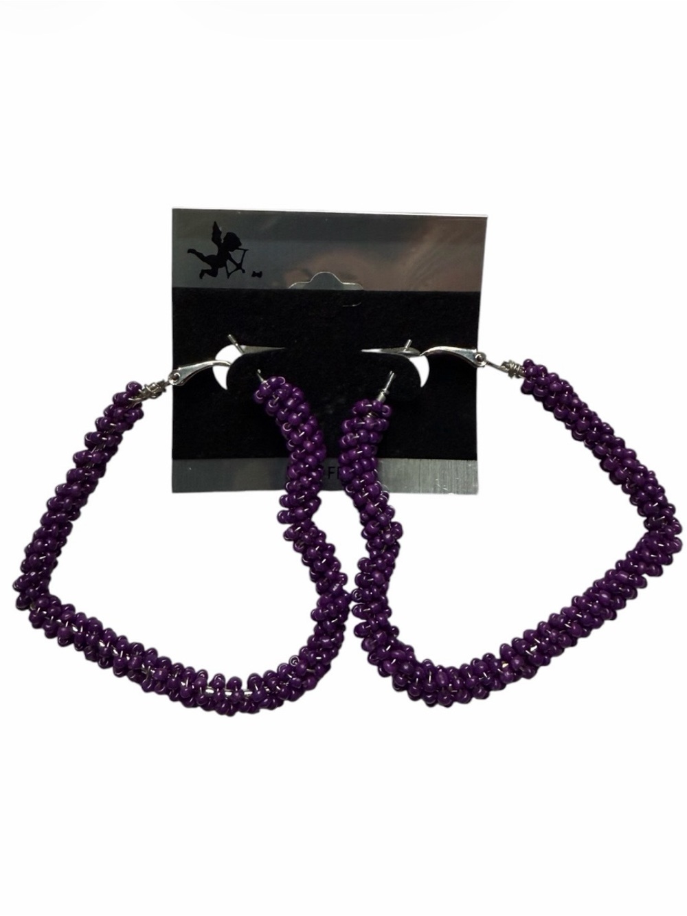 Purple Metal Bead Chained Heart Dangle Earrings